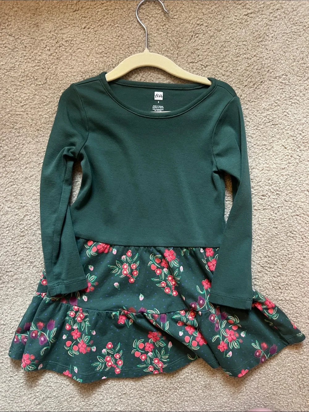NWOT. Never Worn Tea Collection Forest Green Long-Sleeve Dress with Red Floral